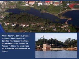 Muíño de marea da Seca. Situado
no esteiro do río da Ucha en
Corvillón (Cambados). Construído
no século XVII polos señores do
Pazo de Fefiñáns. Tén catro moas.
Na actualidade está convertido en
museo.
 