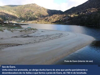 Seo de Ézaro.
Unha área moi protexida, ao abrigo dunha barra de area que pecha parcialmente a
desembocadura do río Xallas e que forma a praia de Ézaro, de 730 m de lonxitude.
Praia de Ézaro (interior do seo)
 