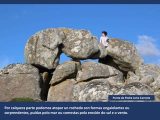 Por calquera parte podemos atopar un rochedo con formas engaiolantes ou
sorprendentes, puídas polo mar ou comestas pola erosión do sal e o vento.
Punta da Pedra Loira Carnota
 