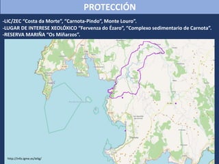 http://info.igme.es/ielig/
PROTECCIÓN
-LIC/ZEC “Costa da Morte”, “Carnota-Pindo”, Monte Louro”.
-LUGAR DE INTERESE XEOLÓXICO “Fervenza do Ézaro”, “Complexo sedimentario de Carnota”.
-RESERVA MARIÑA “Os Miñarzos”.
 