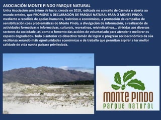 ASOCIACIÓN MONTE PINDO PARQUE NATURAL
Unha Asociación sen ánimo de lucro, creada en 2010, radicada no concello de Carnota e aberta ao
mundo enteiro, que PROMOVE A DECLARACIÓN DE PARQUE NATURAL PARA O MONTE PINDO,
mediante a recollida de apoios humanos, loxísticos e económicos, a promoción de campañas de
sensibilización coas problemáticas do Monte Pindo, a divulgación de información, a realización de
actividades formativas e informativas, culturais, recreativas, reivindicativas... dirixidas aos diversos
sectores da sociedade, asi como o fomento das accións de voluntariado para atender e mellorar os
espazos degradados. Todo o anterior co obxectivo tamén de lograr o progreso socioeconómico da súa
veciñanza xerando máis oportunidades económicas e de traballo que permitan aspirar a ter mellor
calidade de vida nunha paisaxe privilexiada.
 
