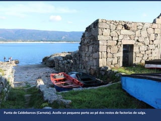 Punta de Caldebarcos (Carnota). Acolle un pequeno porto ao pé dos restos de factorías de salga.
 