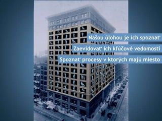 Našou úlohou je ich spoznať

     Zaevidovať ich kľúčové vedomosti

Spoznať procesy v ktorých majú miesto
 