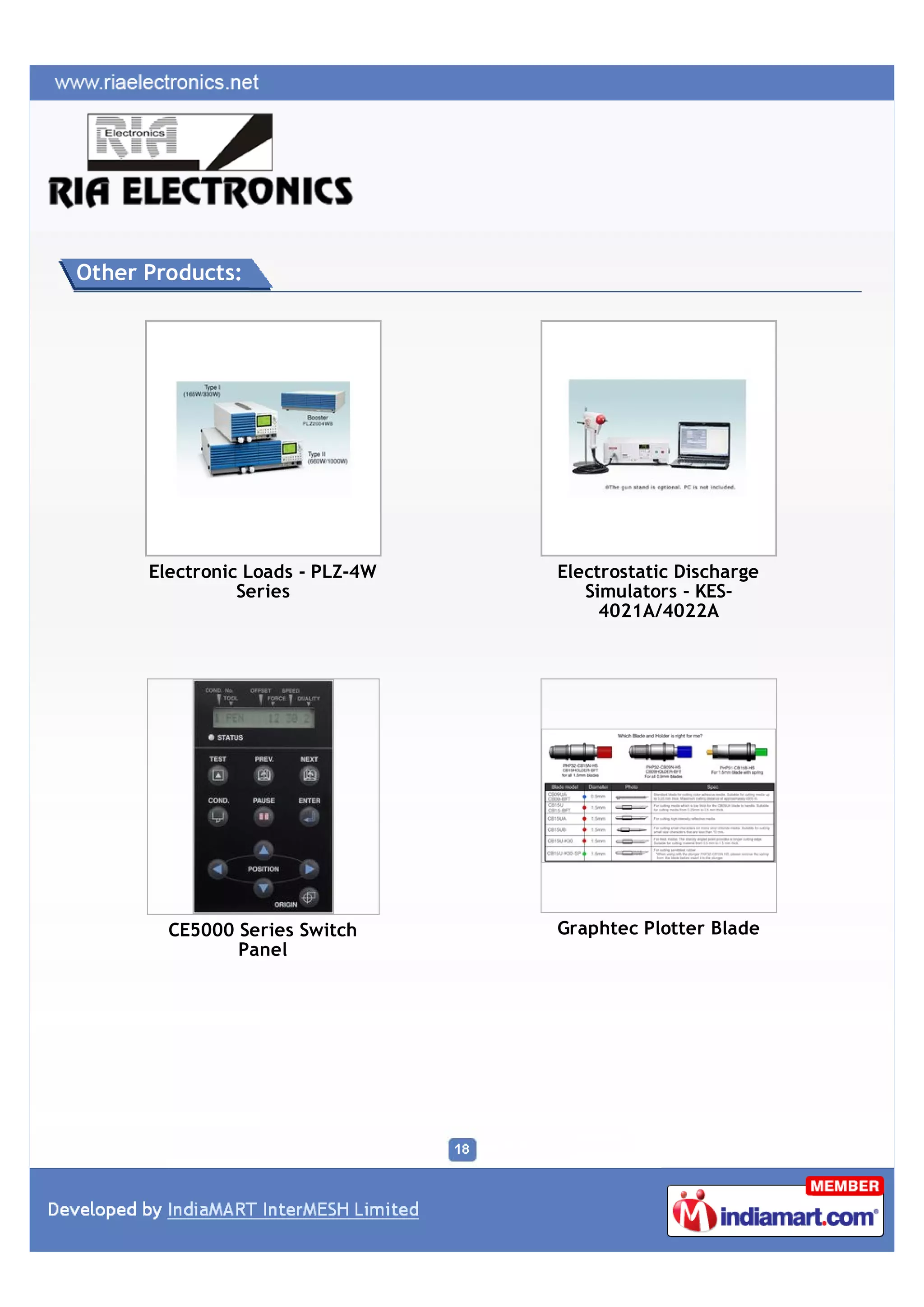 Other Products:




      Electronic Loads - PLZ-4W   Electrostatic Discharge
                Series               Simulators - KES-
                                       4021A/4022A




        CE5000 Series Switch      Graphtec Plotter Blade
               Panel
 