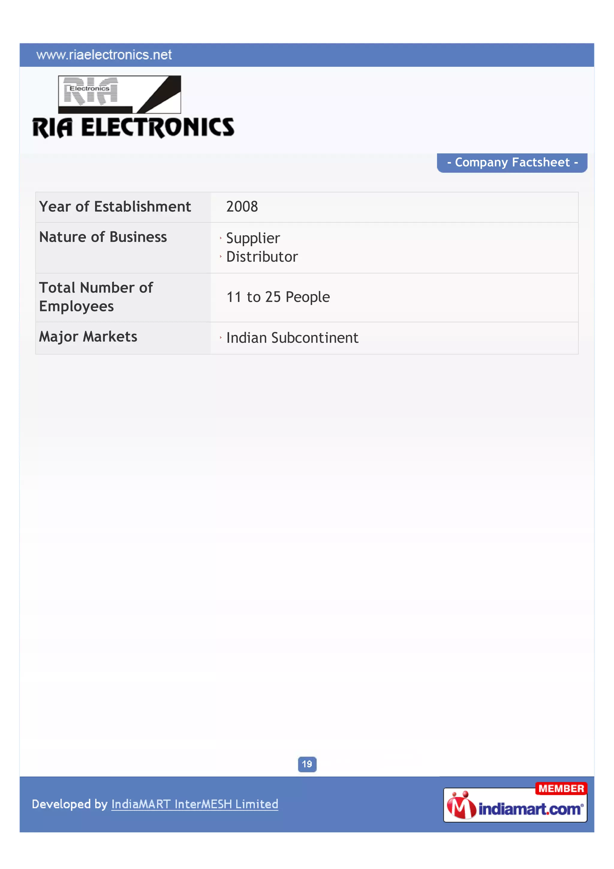 - Company Factsheet -


Year of Establishment   2008

Nature of Business      Supplier
                        Distributor

Total Number of
                        11 to 25 People
Employees

Major Markets           Indian Subcontinent
 