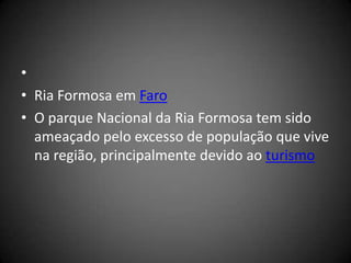 •
• Ria Formosa em Faro
• O parque Nacional da Ria Formosa tem sido
ameaçado pelo excesso de população que vive
na região, principalmente devido ao turismo
 