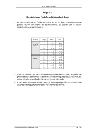 REGULAMENTO INTERNO
Agrupamento de Escolas de Aurélia de Sousa 105 | 116
Artigo 181º
Horário Letivo na Escola Secundária Aurélia de Sousa
1. As atividades letivas na Escola Secundária Aurélia de Sousa desenvolvem-se no
período diurno, em regime de desdobramento, de acordo com o horário
estabelecido no seguinte quadro:
Período Tempo Início Fim
MANHÃ
1.º 8.25 9.15
2.º 9.25 10.15
3.º 10.30 11.20
4.º 11.30 12.20
5.º 12.30 13.20
TARDE
6.º 13.30 14.20
7.º 14.30 15.20
8.º 15.30 16.20
9.º 16.35 17.25
10.º 17.35 18.25
2. O início e o fim de cada tempo letivo são assinalados com toque de campainha. Ao
primeiro tempo da manhã e ao da tarde, haverá um segundo toque cinco minutos
após o primeiro, assinalando o fim do período de tolerância.
3. A tolerância, referida no número anterior, é válida para professores e alunos, não
devendo este toque funcionar como hora normal de entrada.
 