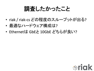 調査したかったこと
• riak / riak-cs どの程度のスループットが出る?
• 最適なハードウェア構成は?
• Ethernetは GbEと 10GbE どちらが良い?
 