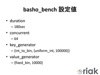 basho_bench 設定値
• duration
– 180sec
• concurrent
– 64
• key_generator
– {int_to_bin, {uniform_int, 100000}}
• value_generator
– {fixed_bin, 10000}
 