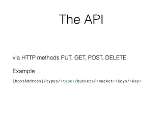 The API 
via HTTP methods PUT, GET, POST, DELETE 
Example 
[hostAddress]/types/<type>/buckets/<bucket>/keys/<key> 
 
