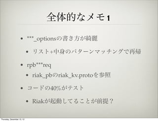 全体的なメモ1

                    • ***_optionsの書き方が綺麗

                            • リスト+中身のパターンマッチングで再帰

                    • rpb***req
                            • riak_pbのriak_kv.protoを参照

                    • コードの40%がテスト

                            • Riakが起動してることが前提？

Thursday, December 13, 12
 
