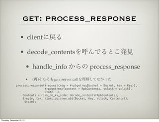 get: process_response
                    • clientに戻る

                    • decode_contentsを呼んでるとこ発見

                            • handle_info からの process_response
                            •   (再)そもそもgen_server:callを理解してなかった
               process_response(#request{msg = #rpbgetreq{bucket = Bucket, key = Key}},
                                #rpbgetresp{content = RpbContents, vclock = Vclock},
                                State) ->
                   Contents = riak_pb_kv_codec:decode_contents(RpbContents),
                   {reply, {ok, riakc_obj:new_obj(Bucket, Key, Vclock, Contents)},
                    State};




Thursday, December 13, 12
 