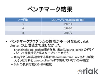 ベンチマーク結果
ノード数 スループット(Clients per sec)
1 227.19
4 270.50
8 270.70
• ベンチマークプログラムの性能が不十分なため、riak
cluster の上限値まで達しなかった
– Erlang(riakc_pb_socket)版を作る、または basho_bench のドライ
バとして実装すると高スループット出せそう
– Rubyでさらに高速化する場合は eventmachine , rev あたりが使
えそうだけれど、protocol bufferに対応していないのが残念
– Solr の負荷は概ね5-10%程度
 