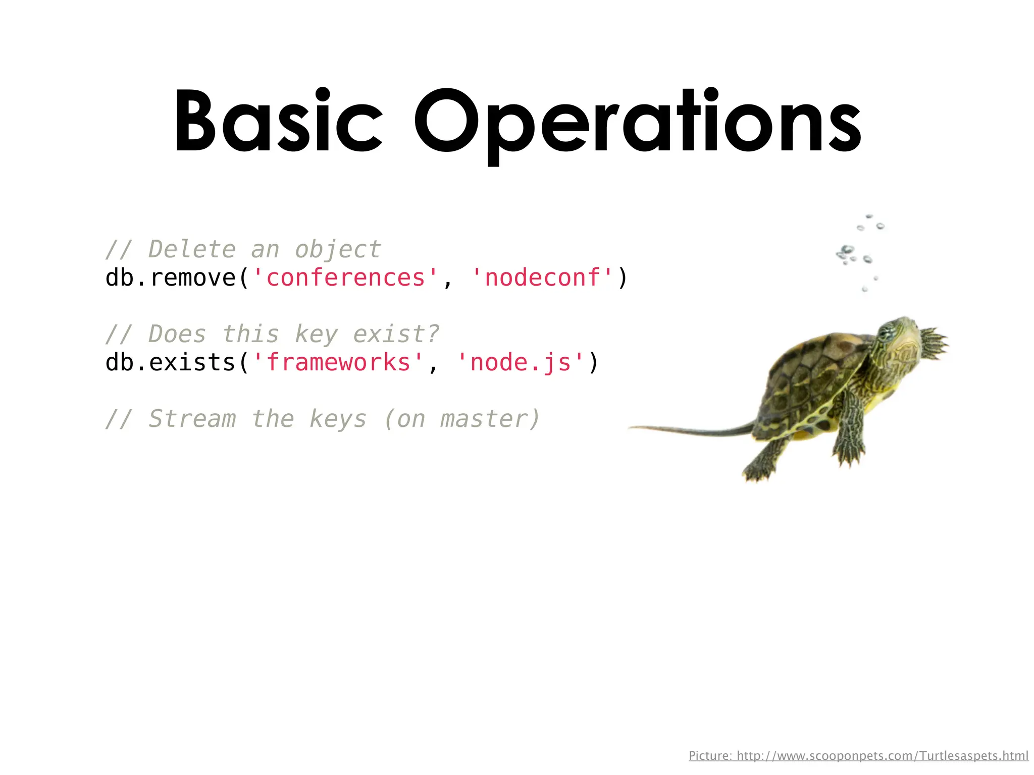 Basic Operations
// Delete an object
db.remove('conferences', 'nodeconf')

// Does this key exist?
db.exists('frameworks', 'node.js')

// Stream the keys (on master)




                                       Picture: http://www.scooponpets.com/Turtlesaspets.html
 