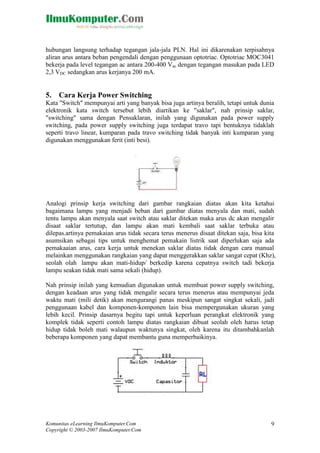 hubungan langsung terhadap tegangan jala-jala PLN. Hal ini dikarenakan terpisahnya
aliran arus antara beban pengendali dengan penggunaan optotriac. Optotriac MOC3041
bekerja pada level tegangan ac antara 200-400 Vac dengan tegangan masukan pada LED
2,3 VDC sedangkan arus kerjanya 200 mA.

5. Cara Kerja Power Switching
Kata "Switch" mempunyai arti yang banyak bisa juga artinya beralih, tetapi untuk dunia
elektronik kata switch tersebut lebih diartikan ke "saklar", nah prinsip saklar,
"switching" sama dengan Pensaklaran, inilah yang digunakan pada power supply
switching, pada power supply switching juga terdapat travo tapi bentuknya tidaklah
seperti travo linear, kumparan pada travo switching tidak banyak inti kumparan yang
digunakan menggunakan ferit (inti besi).

Analogi prinsip kerja switching dari gambar rangkaian diatas akan kita ketahui
bagaimana lampu yang menjadi beban dari gambar diatas menyala dan mati, sudah
tentu lampu akan menyala saat switch atau saklar ditekan maka arus dc akan mengalir
disaat saklar tertutup, dan lampu akan mati kembali saat saklar terbuka atau
dilepas.artinya pemakaian arus tidak secara terus menerus disaat ditekan saja, bisa kita
asumsikan sebagai tips untuk menghemat pemakain listrik saat diperlukan saja ada
pemakaaian arus, cara kerja untuk menekan saklar diatas tidak dengan cara manual
melainkan menggunakan rangkaian yang dapat menggerakkan saklar sangat cepat (Khz),
seolah olah lampu akan mati-hidup/ berkedip karena cepatnya switch tadi bekerja
lampu seakan tidak mati sama sekali (hidup).
Nah prinsip inilah yang kemudian digunakan untuk membuat power supply switching,
dengan keadaan arus yang tidak mengalir secara terus menerus atau mempunyai jeda
waktu mati (mili detik) akan mengurangi panas meskipun sangat singkat sekali, jadi
penggunaan kabel dan komponen-komponen lain bisa mempergunakan ukuran yang
lebih kecil. Prinsip dasarnya begitu tapi untuk keperluan perangkat elektronik yang
komplek tidak seperti contoh lampu diatas rangkaian dibuat seolah oleh harus tetap
hidup tidak boleh mati walaupun waktunya singkat, oleh karena itu ditambahkanlah
beberapa komponen yang dapat membantu guna memperbaikinya.

Komunitas eLearning IlmuKomputer.Com
Copyright © 2003-2007 IlmuKomputer.Com

9

 