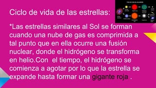 Ciclo de vida de las estrellas:
*Las estrellas similares al Sol se forman
cuando una nube de gas es comprimida a
tal punto que en ella ocurre una fusión
nuclear, donde el hidrógeno se transforma
en helio.Con el tiempo, el hidrógeno se
comienza a agotar por lo que la estrella se
expande hasta formar una gigante roja .
 