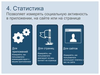 4. Статистика
Позволяет измерять социальную активность
в приложении, на сайте или на странице




  Для                 Для страниц           Для сайтов
  приложений
                      Измеряйте, как
  Измеряйте, как                            Измеряйте, как
                      пользователи
  пользователи                              пользователи
                      реагируют на ваш
  взаимодействуют с                         используют плагины у
                      контент на странице
  вашим приложением                         вас на сайте
 