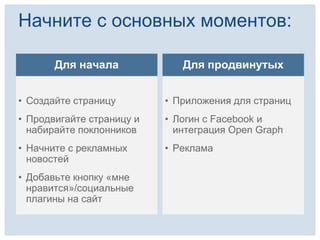 Начните с основных моментов:

       Для начала             Для продвинутых


• Создайте страницу        • Приложения для страниц
• Продвигайте страницу и   • Логин с Facebook и
  набирайте поклонников      интеграция Open Graph
• Начните с рекламных      • Реклама
  новостей
• Добавьте кнопку «мне
  нравится»/социальные
  плагины на сайт
 