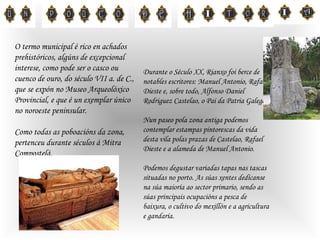 O termo municipal é rico en achados prehistóricos, algúns de excepcional interese, como pode ser o casco ou cuenco de ouro, do século VII a. de C., que se expón no Museo Arqueolóxico Provincial, e que é un exemplar único no noroeste peninsular. Como todas as poboacións da zona, pertenceu durante séculos á Mitra Compostelá. Durante o Século XX, Rianxo foi berce de notables escritores: Manuel Antonio, Rafael Dieste e, sobre todo, Alfonso Daniel Rodriguez Castelao, o Pai da Patria Galega. Nun paseo pola zona antiga podemos contemplar estampas pintorescas da vida desta vila polas prazas de Castelao, Rafael Dieste e a alameda de Manuel Antonio. Podemos degustar variadas tapas nas tascas situadas no porto. As súas xentes dedícanse na súa maioría ao sector primario, sendo as súas principais ocupacións a pesca de baixura, o cultivo do mexillón e a agricultura e gandaría.  
