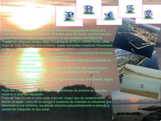 A praia de Taragoña situada na marxe interior da ensenada de Rianxo é a maior do municipio. Moi próxima á vila está a praia de Tanxil, con bos servizos e rodeada dun excelente paseo marítimo no que destaca unha figura da Guadalupe. Ademais destas dúas, na parroquia de Brión existen varias calas. Praia da Torre Praia con boa contorna, augas tranquilas e bastante frecuentada por xente da zona. Praia de Pazo Praia con areal moi degradado como consecuencia de industrias conserveiras e estaleiros nas súas inmediacións. Praia de Quenxo ou Paredón Carece de servizos de ningún tipo e presenta un baixo grao de ocupación. Praia de Tanxil Moi próxima á vila está a praia de Tanxil, con bos servizos e rodeada dun excelente paseo marítimo no que destaca unha figura da Guadalupe. Praia de Tronco Pequena praia de cen metros de lonxitude, area branca, augas tranquilas e carente de servizos. Praia das Cunchas Esta praia ofrece a posibilidade da práctica de deportes naúticos e esta ben equipada. Praia de Tres Cruces é unha praia virxe sen ningún tipo de contaminación debido ao baixo índice de ocupación e ausencia de vivendas ou industrias que deterioren a súa contorna, resultando atractiva paisajísticamente e estando a vexetación integrada no seu areal.  