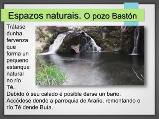 Espazos naturais. O pozo Bastón
Trátase
dunha
fervenza
que
forma un
pequeno
estanque
natural
no río
Té.
Debido ó seu calado é posible darse un baño.
Accédese dende a parroquia de Araño, remontando o
río Té dende Buía.
 