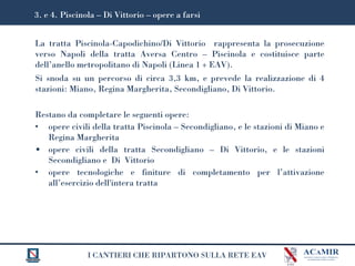 I CANTIERI CHE RIPARTONO SULLA RETE EAV
3. e 4. Piscinola – Di Vittorio – opere a farsi
La tratta Piscinola-Capodichino/Di Vittorio rappresenta la prosecuzione
verso Napoli della tratta Aversa Centro – Piscinola e costituisce parte
dell’anello metropolitano di Napoli (Linea 1 + EAV).
Si snoda su un percorso di circa 3,3 km, e prevede la realizzazione di 4
stazioni: Miano, Regina Margherita, Secondigliano, Di Vittorio.
Restano da completare le seguenti opere:
• opere civili della tratta Piscinola – Secondigliano, e le stazioni di Miano e
Regina Margherita
• opere civili della tratta Secondigliano – Di Vittorio, e le stazioni
Secondigliano e Di Vittorio
• opere tecnologiche e finiture di completamento per l’attivazione
all’esercizio dell'intera tratta
 