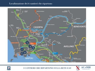 I CANTIERI CHE RIPARTONO SULLA RETE EAV
Localizzazione dei 6 cantieri che ripartono
2
1
3
6
4
5
 