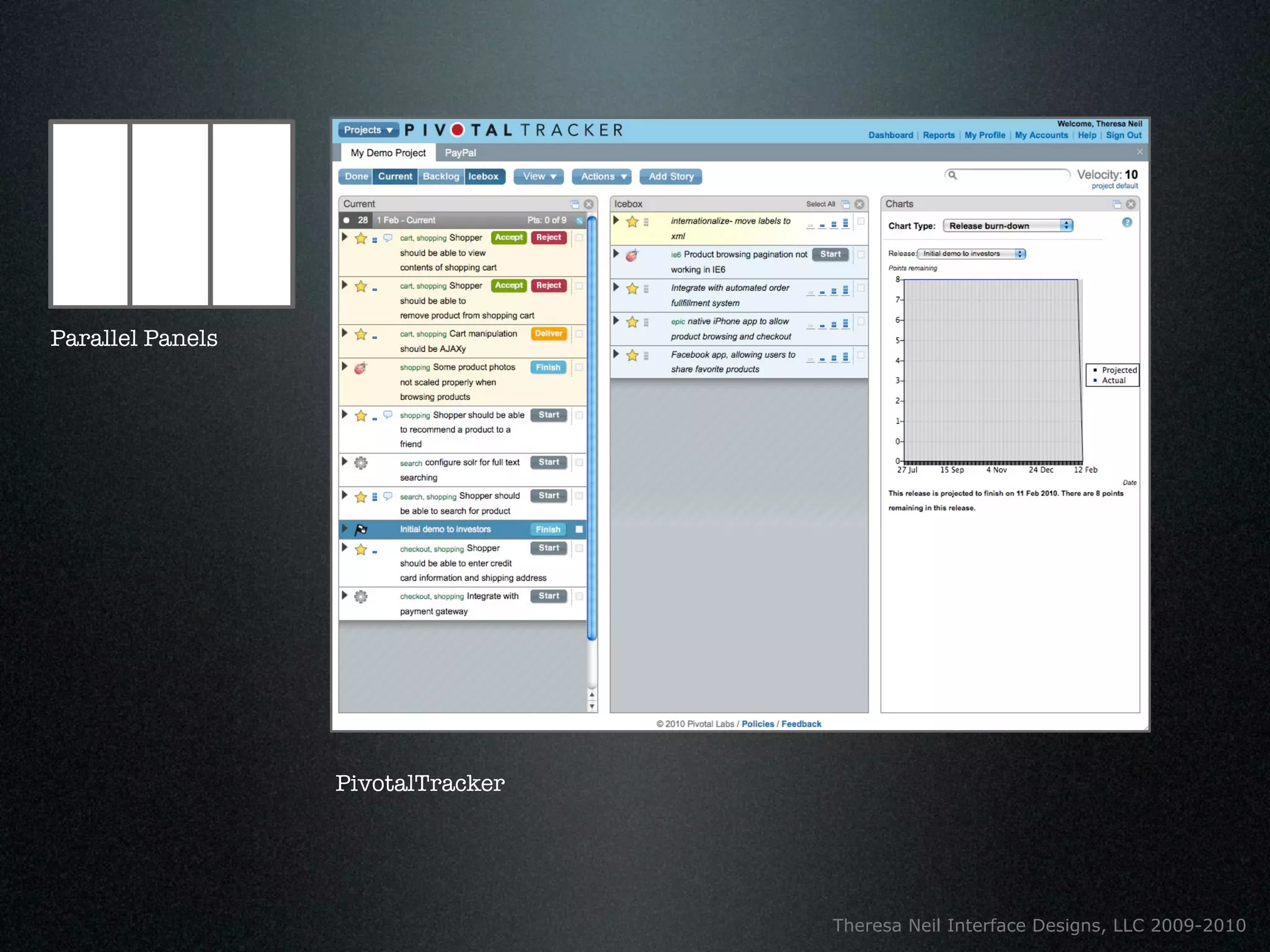 Parallel Panels




                  PivotalTracker




                                   Theresa Neil Interface Designs, LLC 2009-2010
 
