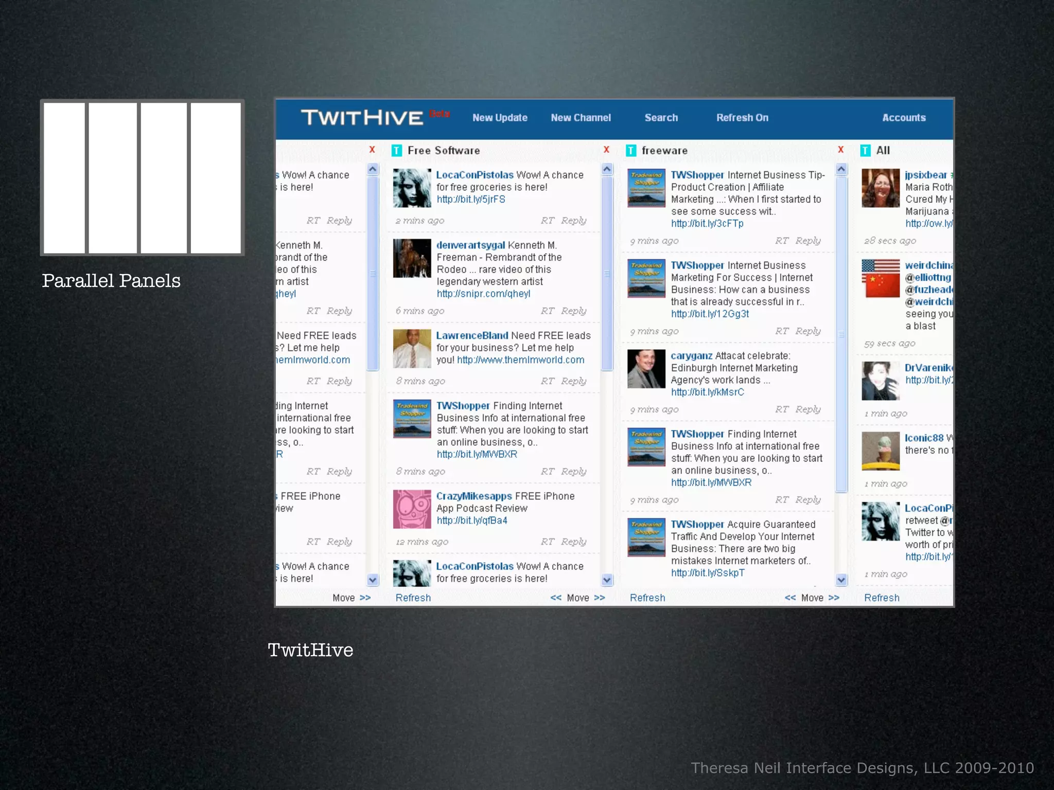 Parallel Panels




                  TwitHive




                             Theresa Neil Interface Designs, LLC 2009-2010
 
