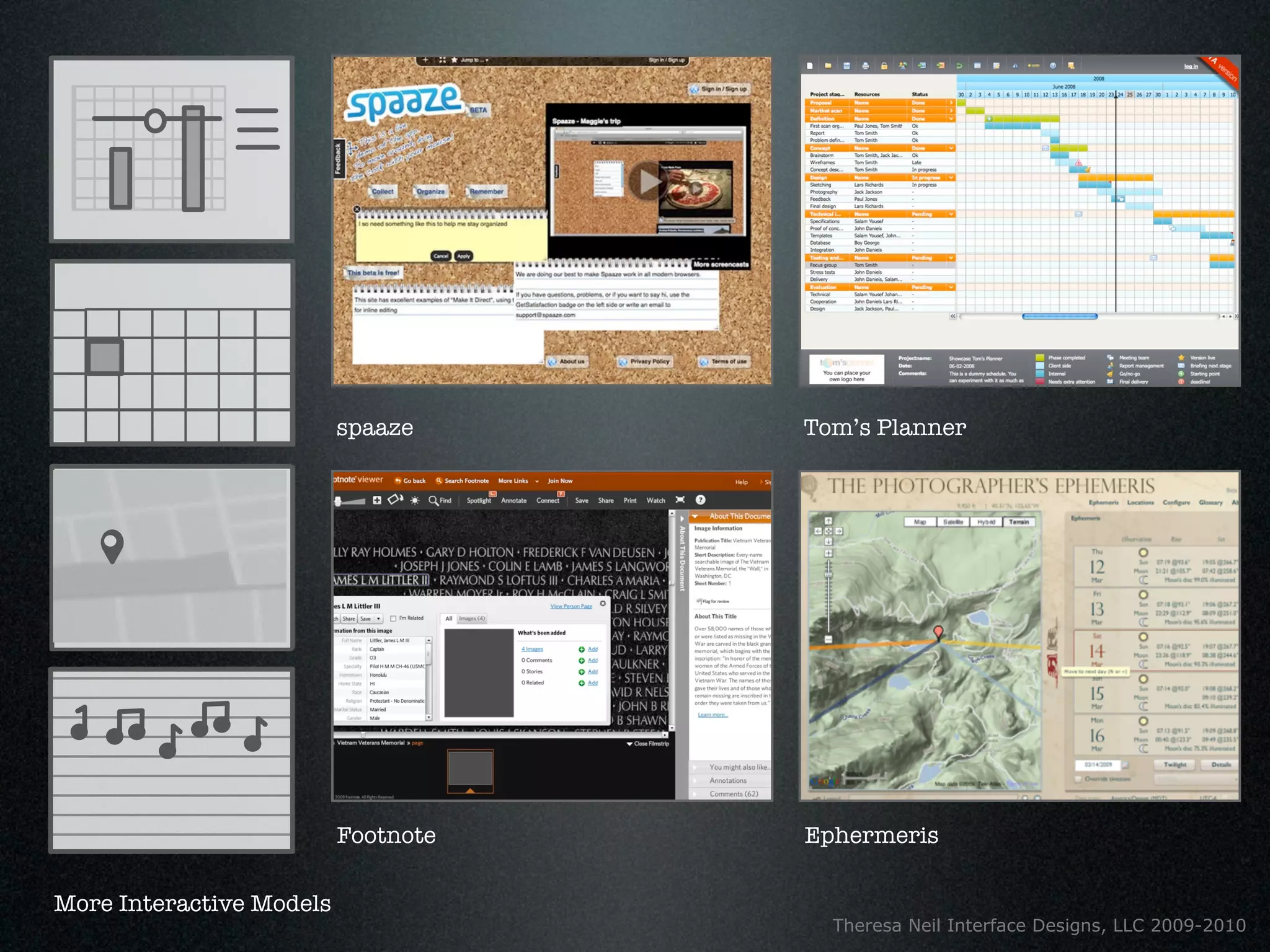 spaaze     Tom’s Planner




                          Footnote   Ephermeris

More Interactive Models
                                       Theresa Neil Interface Designs, LLC 2009-2010
 