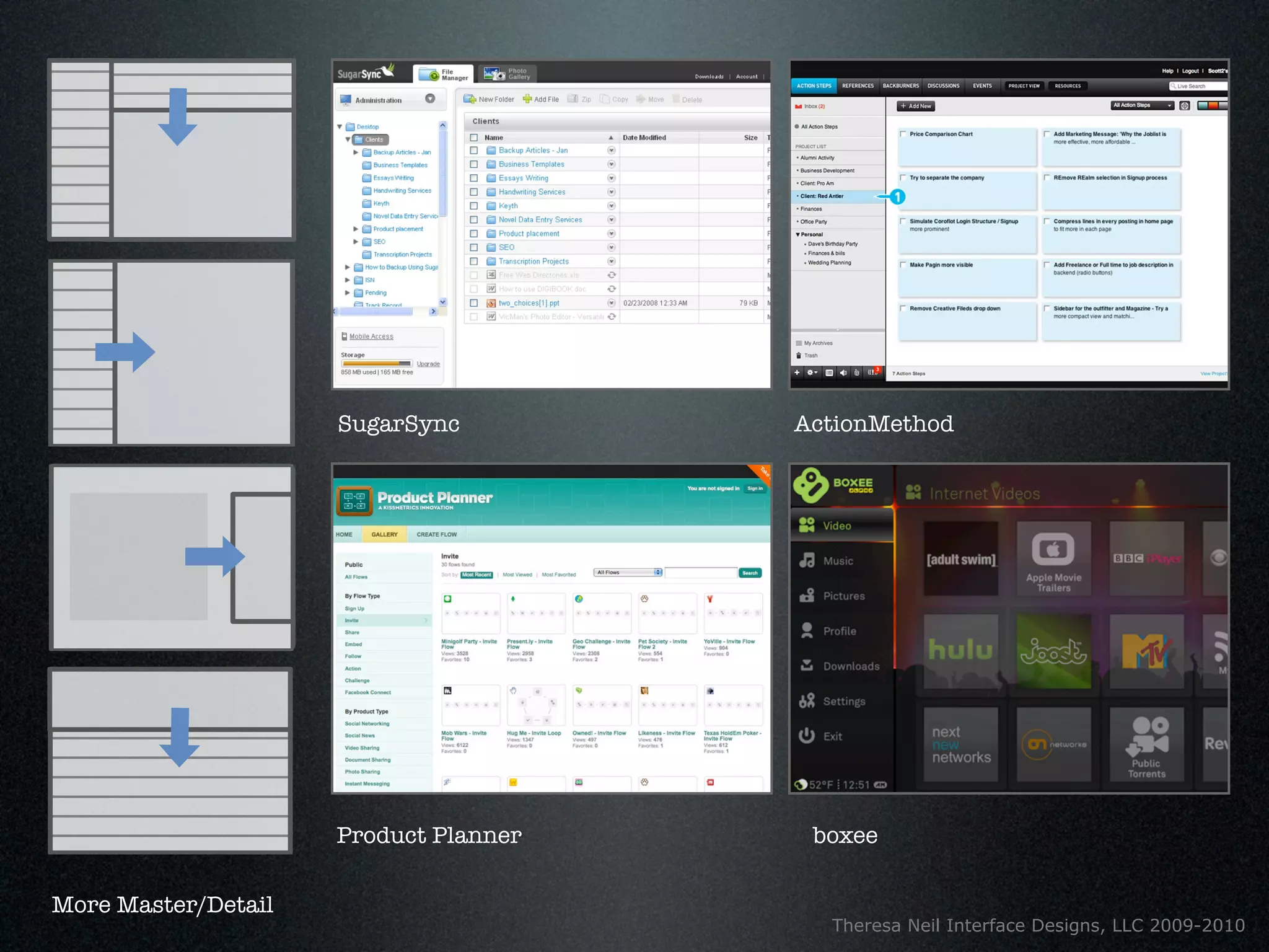 SugarSync         ActionMethod




                     Product Planner    boxee

More Master/Detail
                                         Theresa Neil Interface Designs, LLC 2009-2010
 