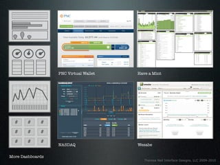 PNC Virtual Wallet   Have a Mint




  #     #    #
  #     #    #
  #     #    #
                  NASDAQ               Wesabe

More Dashboards
                                          Theresa Neil Interface Designs, LLC 2009-2010
 
