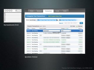Spreadsheet/Grid




                   Quicken Online




                                    Theresa Neil Interface Designs, LLC 2009-2010
 
