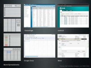 Centrifuge    onehub




                    Google Docs   Mint

More Spreadsheets
                                   Theresa Neil Interface Designs, LLC 2009-2010
 