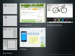 BeGreenNow.com   ProjectOne Trek Bikes

 1   2   3   4
                 T
                 O
                 T
                 A
                 L




  one
  two
 three
  four


                     Swebapps

More Wizards
                                         Theresa Neil Interface Designs, LLC 2009-2010
 