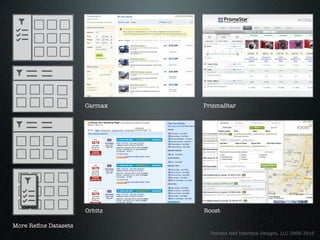 Carmax   PrismaStar




                      Orbitz   Roost

More Reﬁne Datasets
                                Theresa Neil Interface Designs, LLC 2009-2010
 
