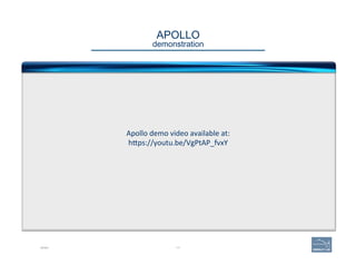APOLLO 
demonstration
DEMO 111
Apollo	
  demo	
  video	
  available	
  at:	
  	
  
hAps://youtu.be/VgPtAP_fvxY	
  
 