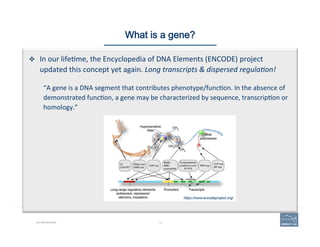 13BIO-REFRESHER
What is a gene?
v  In	
  our	
  life(me,	
  the	
  Encyclopedia	
  of	
  DNA	
  Elements	
  (ENCODE)	
  project	
  
updated	
  this	
  concept	
  yet	
  again.	
  Long	
  transcripts	
  &	
  dispersed	
  regula1on!	
  
	
  
	
  
“A	
  gene	
  is	
  a	
  DNA	
  segment	
  that	
  contributes	
  phenotype/func(on.	
  In	
  the	
  absence	
  of	
  
demonstrated	
  func(on,	
  a	
  gene	
  may	
  be	
  characterized	
  by	
  sequence,	
  transcrip(on	
  or	
  
homology.”	
  
	
  
https://www.encodeproject.org/
 
