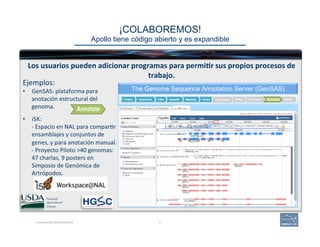 ¡COLABOREMOS! 
Apollo tiene código abierto y es expandible
HIGHLIGHTED IMPROVEMENTS 41
The Genome Sequence Annotation Server (GenSAS)
Annotate
Los	
  usuarios	
  pueden	
  adicionar	
  programas	
  para	
  permi=r	
  sus	
  propios	
  procesos	
  de	
  
trabajo.	
  
Ejemplos:	
  	
  
•  GenSAS:	
  plataforma	
  para	
  
anotación	
  estructural	
  del	
  
genoma.	
  
	
  
•  i5K:	
  
-­‐	
  Espacio	
  en	
  NAL	
  para	
  compar(r	
  
ensamblajes	
  y	
  conjuntos	
  de	
  
genes,	
  y	
  para	
  anotación	
  manual.	
  
-­‐	
  Proyecto	
  Piloto	
  >40	
  genomas:	
  
47	
  charlas,	
  9	
  posters	
  en	
  
Simposio	
  de	
  Genómica	
  de	
  
Artrópodos.	
  
Annotate
National
Agricultural
Library
 