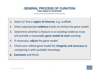 Becoming Acquainted with Web Apollo
45 | 45	
GENERAL PROCESS OF CURATION 
main steps to remember
1.  Select	
  or	
  ﬁnd	
  a	
  region	
  of	
  interest,	
  e.g.	
  scaﬀold.	
  
2.  Select	
  appropriate	
  evidence	
  tracks	
  to	
  review	
  the	
  gene	
  model.	
  
3.  Determine	
  whether	
  a	
  feature	
  in	
  an	
  exis(ng	
  evidence	
  track	
  
will	
  provide	
  a	
  reasonable	
  gene	
  model	
  to	
  start	
  working.	
  
4.  If	
  necessary,	
  adjust	
  the	
  gene	
  model.	
  
5.  Check	
  your	
  edited	
  gene	
  model	
  for	
  integrity	
  and	
  accuracy	
  by	
  
comparing	
  it	
  with	
  available	
  homologs.	
  
6.  Comment	
  and	
  ﬁnish.	
  
 
