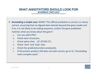 46CURATING GENOMES
WHAT ANNOTATORS SHOULD LOOK FOR 
annotators: that’s you!
v  Annota=ng	
  a	
  simple	
  case:	
  WHEN	
  “The	
  oﬃcial	
  predic(on	
  is	
  correct,	
  or	
  nearly	
  
correct,	
  assuming	
  that	
  no	
  aligned	
  data	
  extends	
  beyond	
  the	
  gene	
  model	
  and	
  
if	
  so,	
  it	
  is	
  not	
  likely	
  to	
  be	
  coding	
  sequence,	
  and/or	
  the	
  gene	
  predic(on	
  
matches	
  what	
  you	
  know	
  about	
  the	
  gene”:	
  
a.  Can	
  you	
  add	
  UTRs?	
  	
  
b.  Check	
  exon	
  structures.	
  
c.  Check	
  splice	
  sites:	
  …]5’-­‐GT/AG-­‐3’[…	
  
d.  Check	
  ‘start’	
  and	
  ‘stop’	
  sites.	
  
e.  Check	
  the	
  predicted	
  protein	
  product(s).	
  
f.  If	
  the	
  protein	
  product	
  s(ll	
  does	
  not	
  look	
  correct,	
  go	
  on	
  to	
  “Annota(ng	
  
more	
  complex	
  cases”.	
  	
  
 