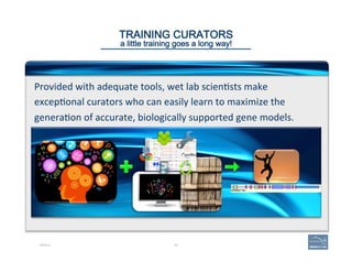 50
TRAINING CURATORS 
a little training goes a long way!
Provided	
  with	
  adequate	
  tools,	
  wet	
  lab	
  scien(sts	
  make	
  
excep(onal	
  curators	
  who	
  can	
  easily	
  learn	
  to	
  maximize	
  the	
  
genera(on	
  of	
  accurate,	
  biologically	
  supported	
  gene	
  models.	
  
APOLLO
 