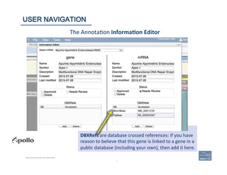 63	
The	
  Annota(on	
  Informa=on	
  Editor	
  
DBXRefs	
  are	
  database	
  crossed	
  references:	
  if	
  you	
  have	
  
reason	
  to	
  believe	
  that	
  this	
  gene	
  is	
  linked	
  to	
  a	
  gene	
  in	
  a	
  
public	
  database	
  (including	
  your	
  own),	
  then	
  add	
  it	
  here.	
  
63	
USER NAVIGATION
Becoming Acquainted with Web Apollo.
 