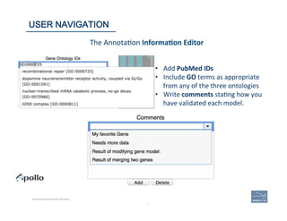 64	
The	
  Annota(on	
  Informa=on	
  Editor	
  
•  Add	
  PubMed	
  IDs	
  
•  Include	
  GO	
  terms	
  as	
  appropriate	
  
from	
  any	
  of	
  the	
  three	
  ontologies	
  
•  Write	
  comments	
  sta(ng	
  how	
  you	
  
have	
  validated	
  each	
  model.	
  
64	
USER NAVIGATION
Becoming Acquainted with Web Apollo.
 