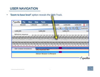 65 | 65	
USER NAVIGATION
Becoming Acquainted with Web Apollo.
•  ‘Zoom	
  to	
  base	
  level’	
  op(on	
  reveals	
  the	
  DNA	
  Track.	
  
 