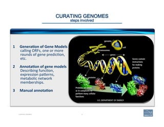 CURATING GENOMES 
steps involved
1  Genera=on	
  of	
  Gene	
  Models	
  
calling	
  ORFs,	
  one	
  or	
  more	
  
rounds	
  of	
  gene	
  predic(on,	
  
etc.	
  
	
  
2  Annota=on	
  of	
  gene	
  models	
  
Describing	
  func(on,	
  
expression	
  paAerns,	
  
metabolic	
  network	
  
	
  memberships.	
  
3  Manual	
  annota=on	
  
CURATING GENOMES 8
 