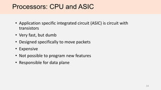 Processors: CPU and ASIC
• Application specific integrated circuit (ASIC) is circuit with
transistors
• Very fast, but dumb
• Designed specifically to move packets
• Expensive
• Not possible to program new features
• Responsible for data plane
14
 