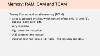 Memory: RAM, CAM and TCAM
Ternary Content-addressable memory (TCAM)
• Value is accessed by a key, which consists of not only “0” and “1”,
but also “don’t care” bits.
• Very expensive
• High power consumption
• O(1) constant time lookup!
• Used for next-hop lookup (CEF table), ACL (security and QoS)
17
 