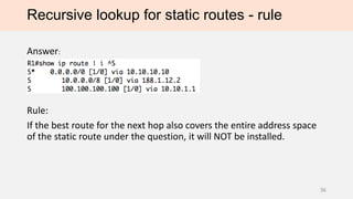 Recursive lookup for static routes - rule
Answer:
Rule:
If the best route for the next hop also covers the entire address space
of the static route under the question, it will NOT be installed.
36
 