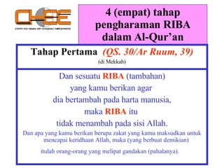 4 (empat) tahap pengharaman RIBA dalam Al-Qur’an Tahap Pertama  (QS. 30/Ar Ruum, 39) (di Mekkah) Dan sesuatu   RIBA   (tambahan) yang kamu berikan agar  dia bertambah pada harta manusia, maka  RIBA  itu  tidak menambah pada sisi Allah. Dan apa yang kamu berikan berupa zakat yang kamu maksudkan untuk mencapai keridhaan Allah, maka (yang berbuat demikian) itulah orang-orang yang melipat gandakan (pahalanya).   
